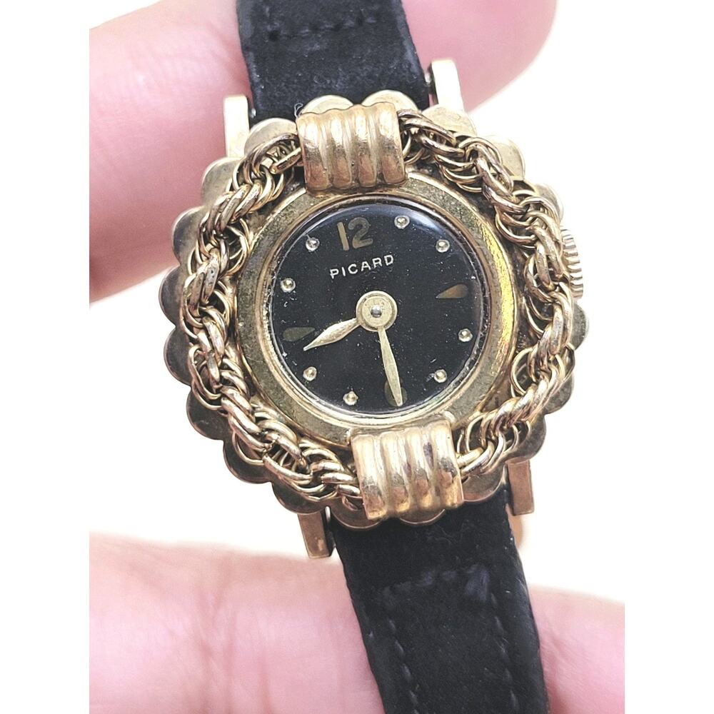 Vintage Picard Women’s Cocktail Watch Gold Tone Rope Bezel Scalloped Edge 1950